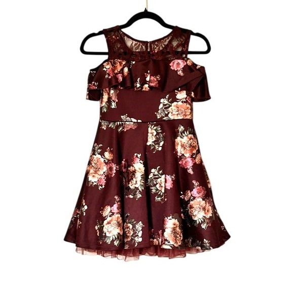 Knit Works Other - Girls 12 Burgundy Floral Dress Lace Ruffle Fancy Party Twirl Princess Fairytale